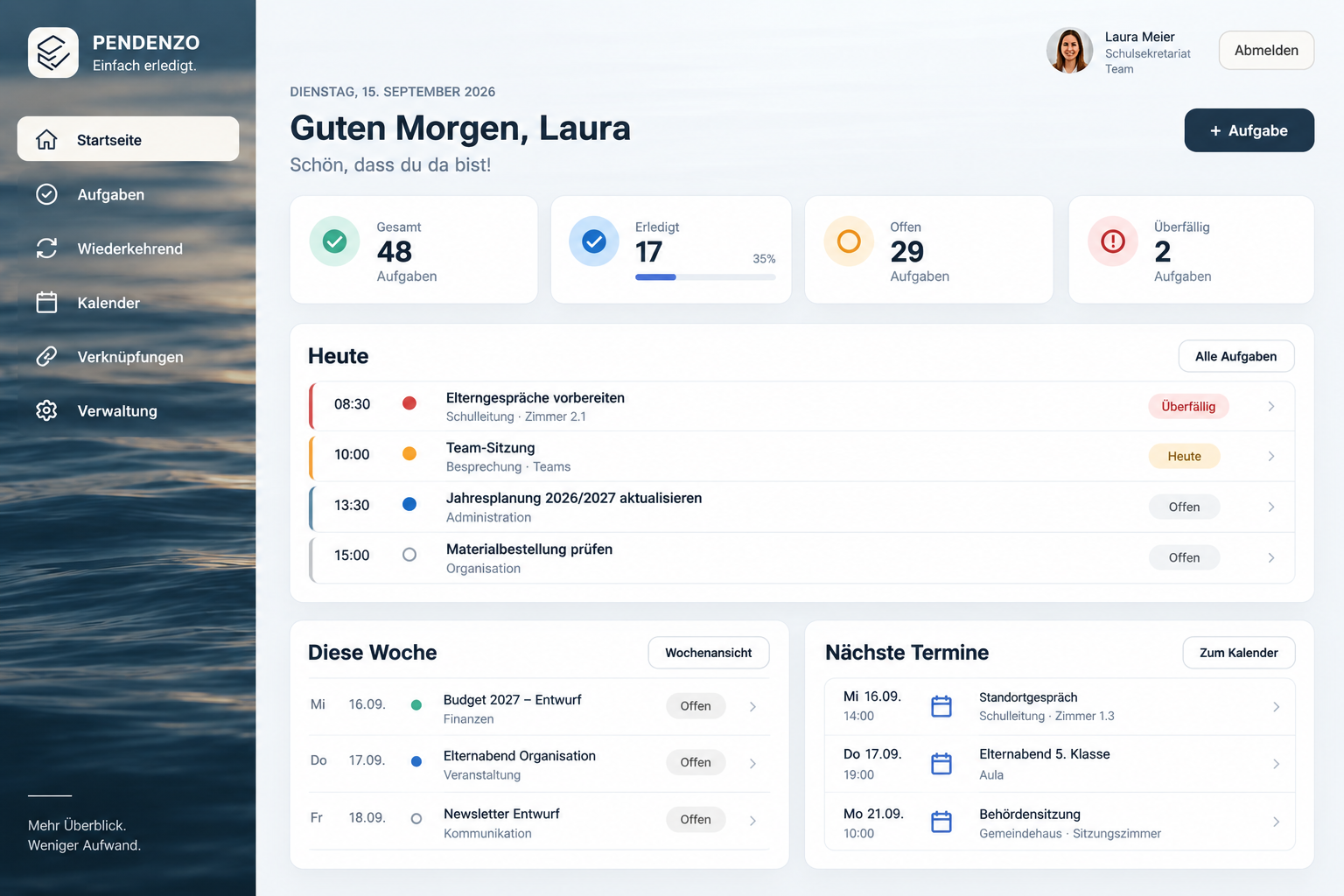 übersicht, dashboard von pendenzo